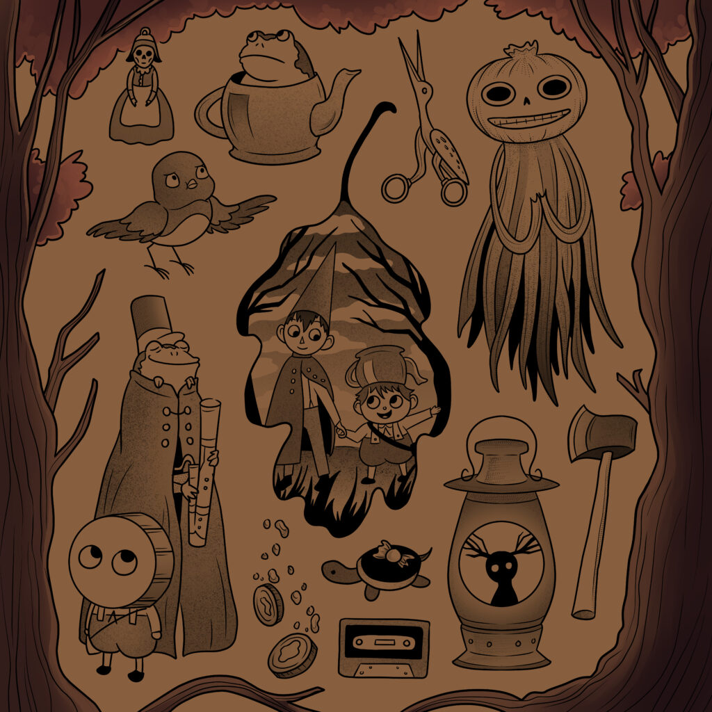 a flash sheet of 12 "Over the Garden Wall" flash in autumnal colors. the border is trees with some orange leaves, and the individual designs are described in more detail in the following images